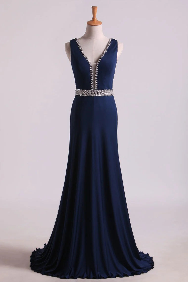 Sexy Open Back V Neck Party Dresses Mermaid Spandex With Beading